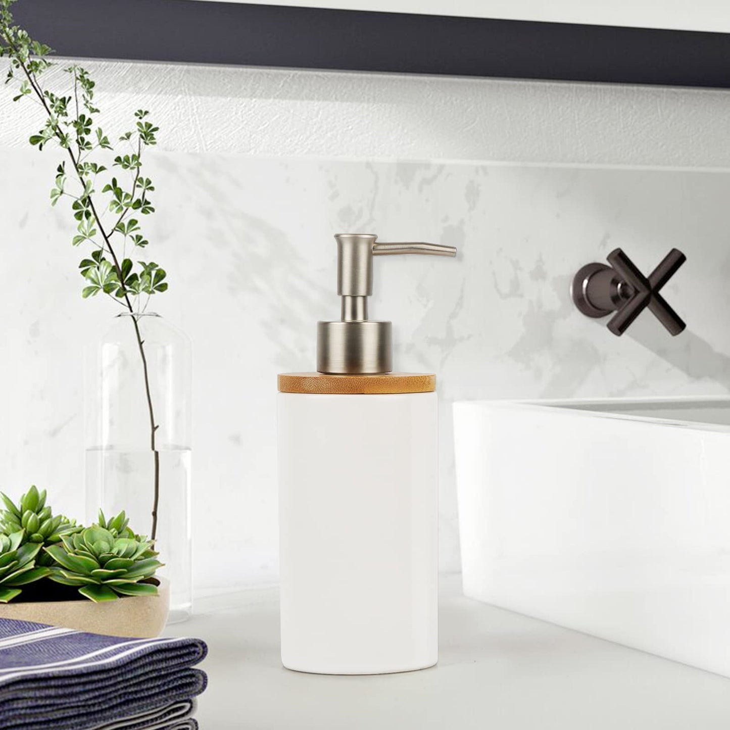 Whthteey Ceramic Soap Dispenser Stainless Steel Pump for Kitchen and Bathroom Decorative Housewarming Gift (White)