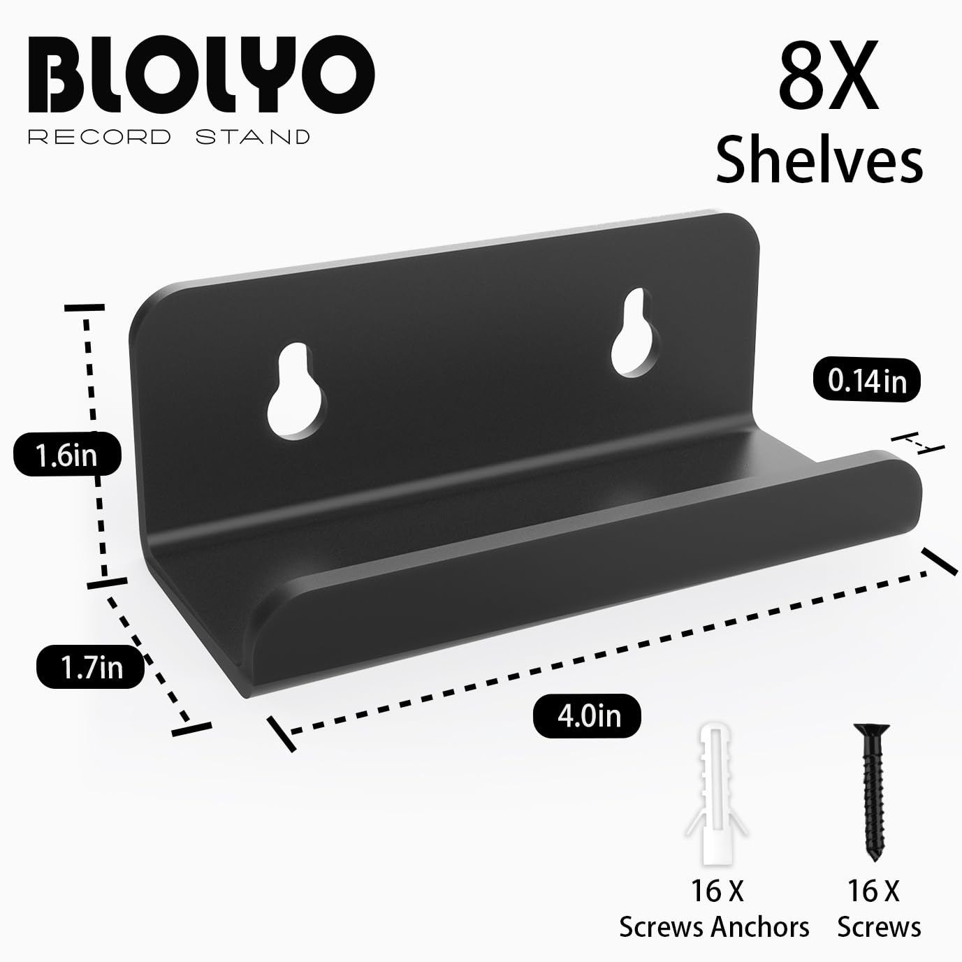 BLOLYO Clear Vinyl Record Shelf Wall Mount 8 Pack (Black)