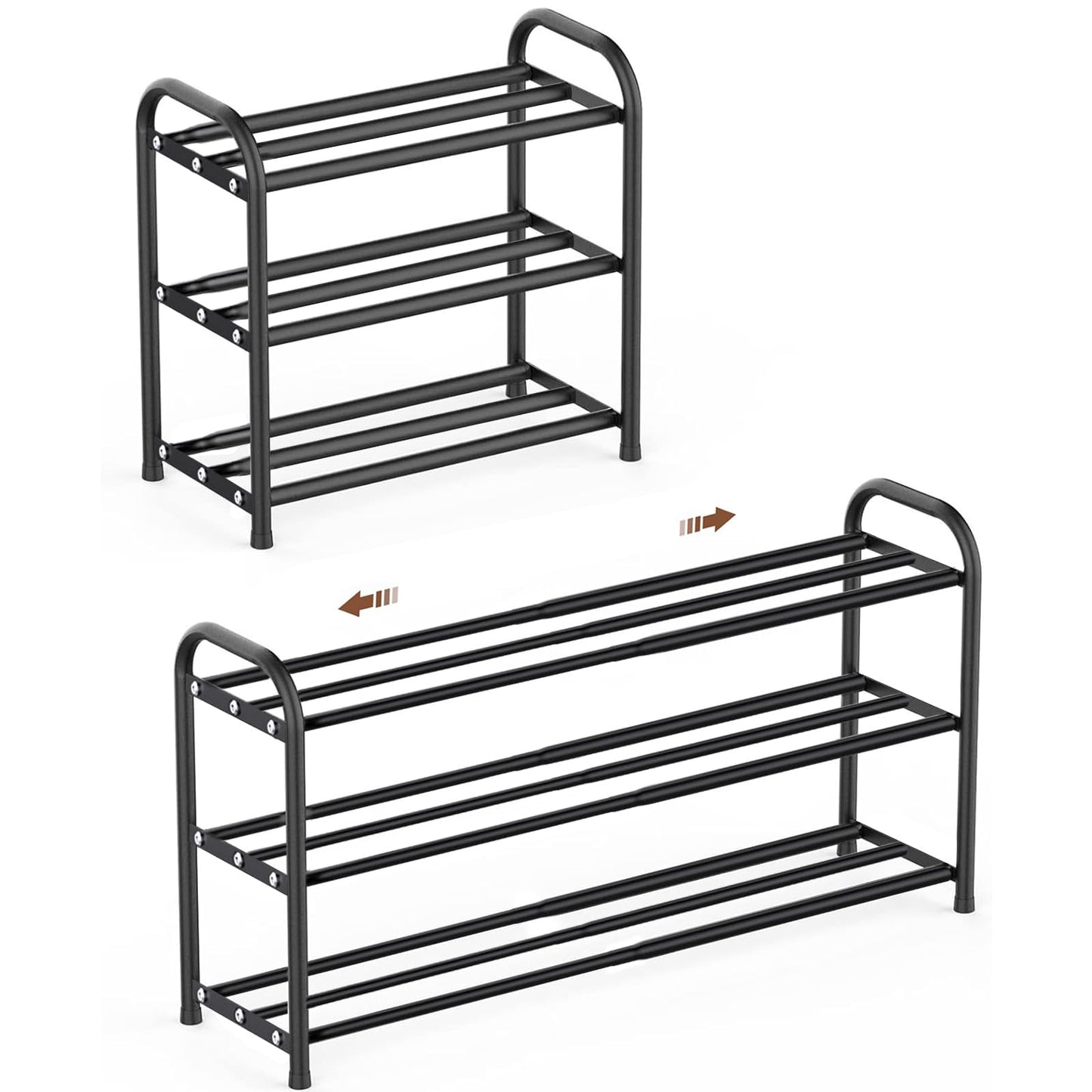Expandable Shoe Rack, 3 Tier Adjustable Shoe Organizer Shelf for Closet,Slim Narrow Black Metal Free Standing Shoe Rack Storage for Small Space