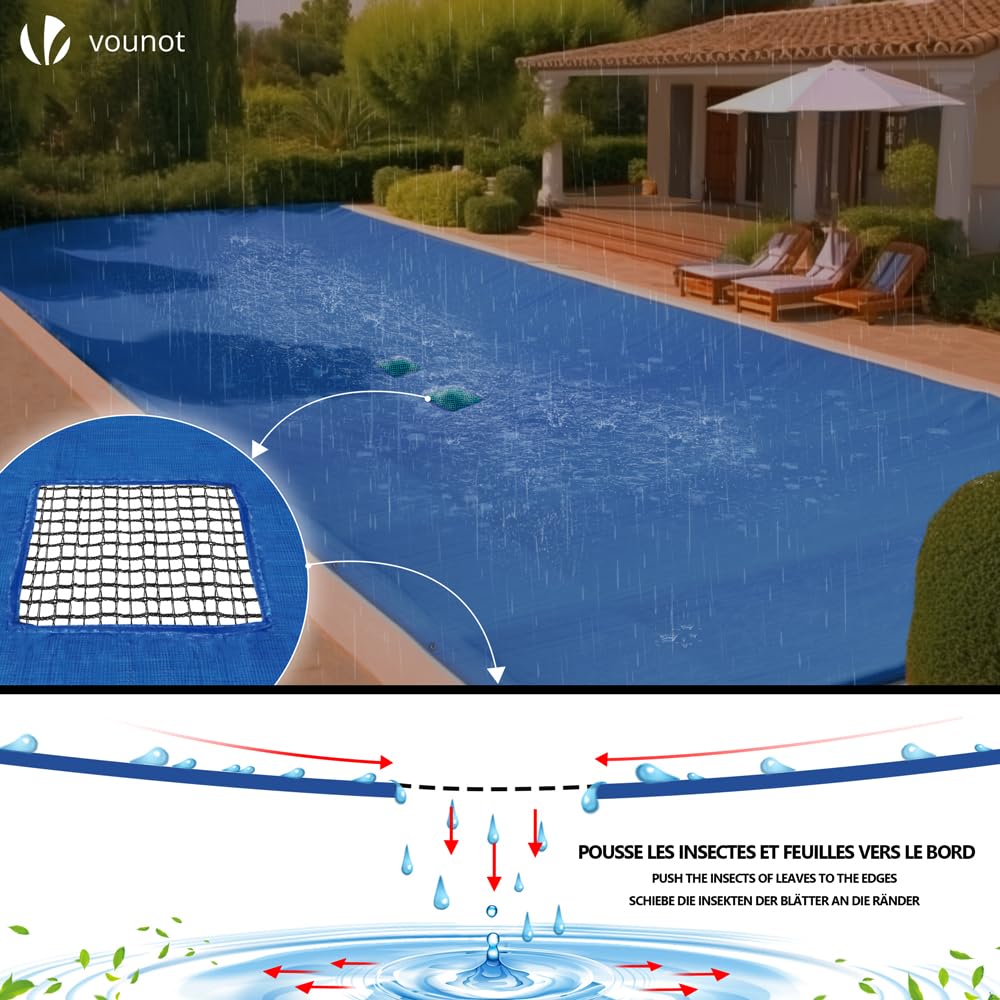 VOUNOT Swimming Pool Cover Rectangular Heavy Duty Double Layer Pool Protective Cover with Drain Net, Aluminum Eyelets Waterproof Cover, 5X10m
