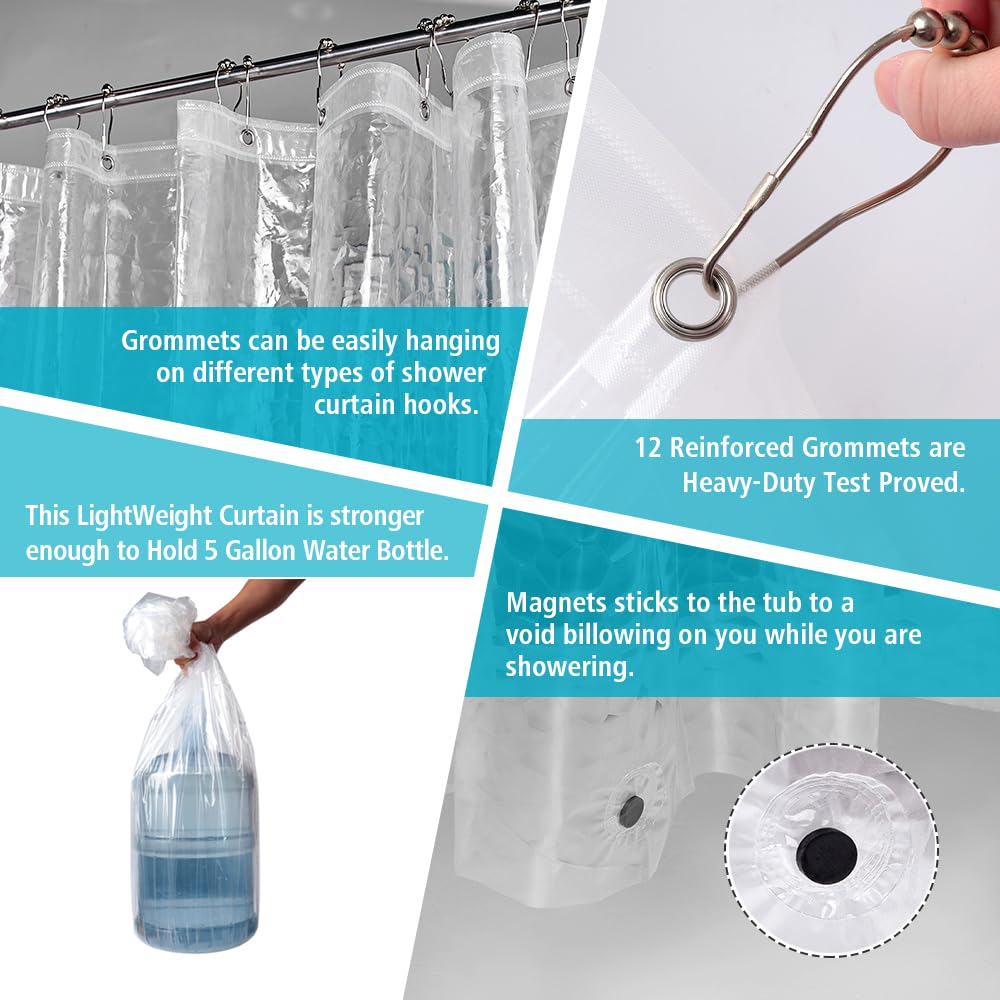 Ga-Geetopia EVA Shower Curtain Liner Clear, 72x72 Inch 3.2G Light Weight Plastic Bathroom Shower Curtain with 3 Magnets for Shower Stall, Bathtubs