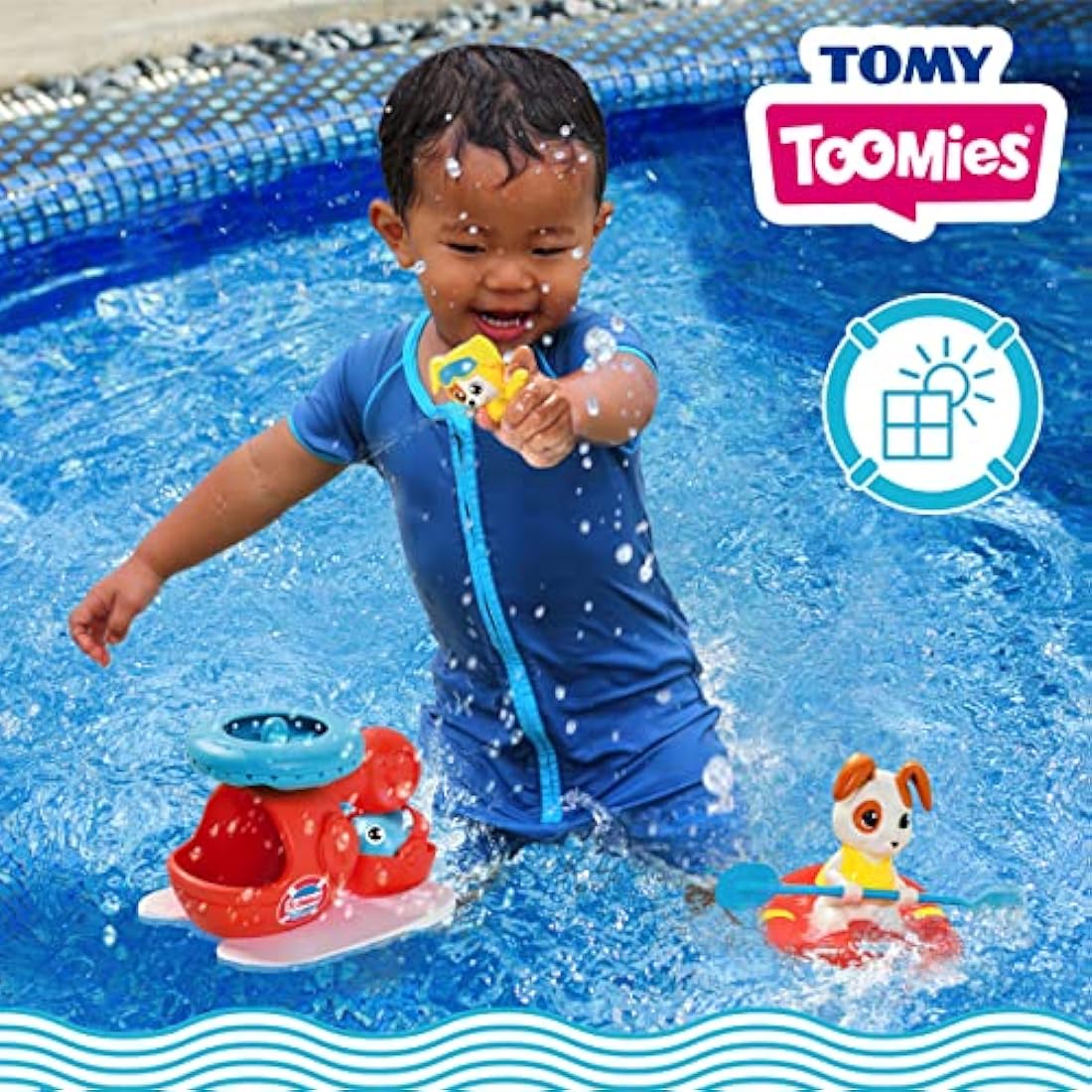 Toomies E73307C Tomy Sea Set Floating Helicopter and Rescue Raft Bundle – Water Spinning Rotor – Pilot Squirter – Baby Bath Toy & Pourer – Suitable from 12 Months