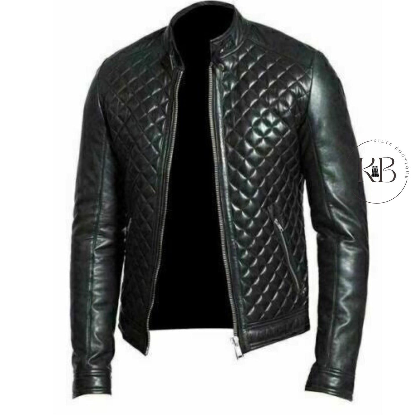 MEN'S BLACK REAL LEATHER RACER NECK QUILTED BIKER JACKET FOR MEN
