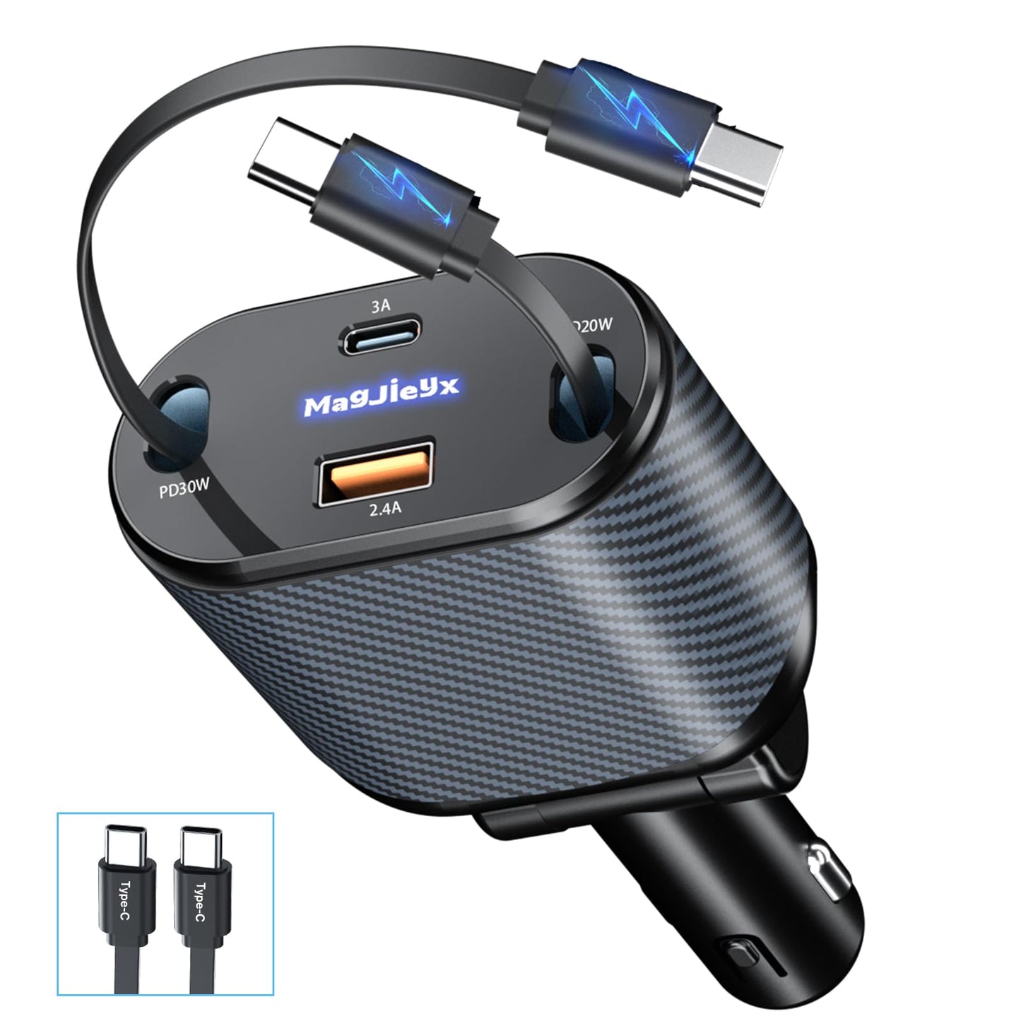 MAGJIEYX Retractable Car Charger, 80W Cigarette Lighter USB Adapter Fast Charging with Dual Type-C Cables & USB-C/USB-A Port for iPhone 16 15 14 13