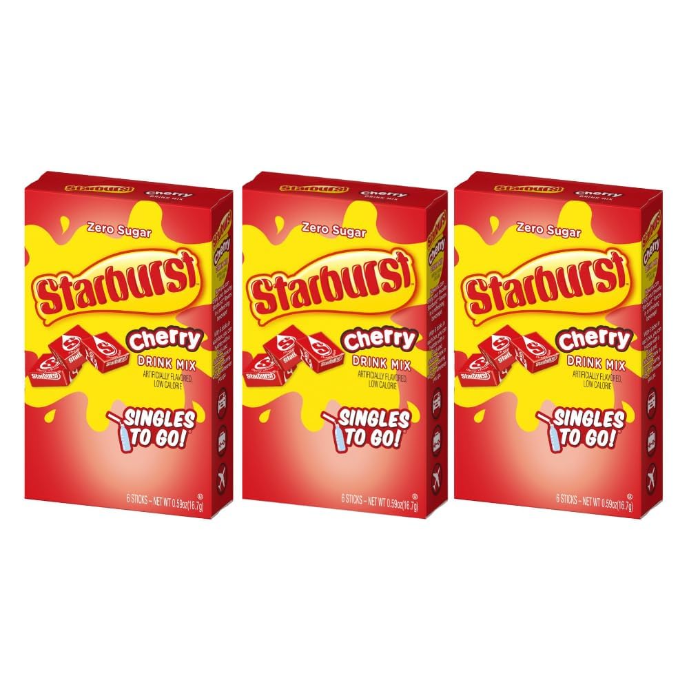 Starburst Singles To Go Powdered Drink Mix, Cherry, 3 Boxes with 6 Packets Each - 18 Total Servings, Sugar-Free Drink Powder, Just Add Water, 6 count