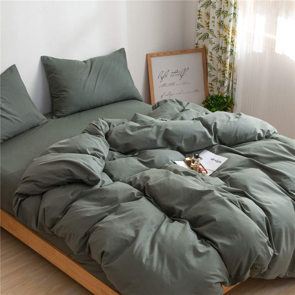 Ruccit Sage Green Duvet Cover Set Double Bed 100% Washed Cotton Double Duvet Cover Kids Teens 3pcs Simple Plain Farmhouse Bedding Set Zipper