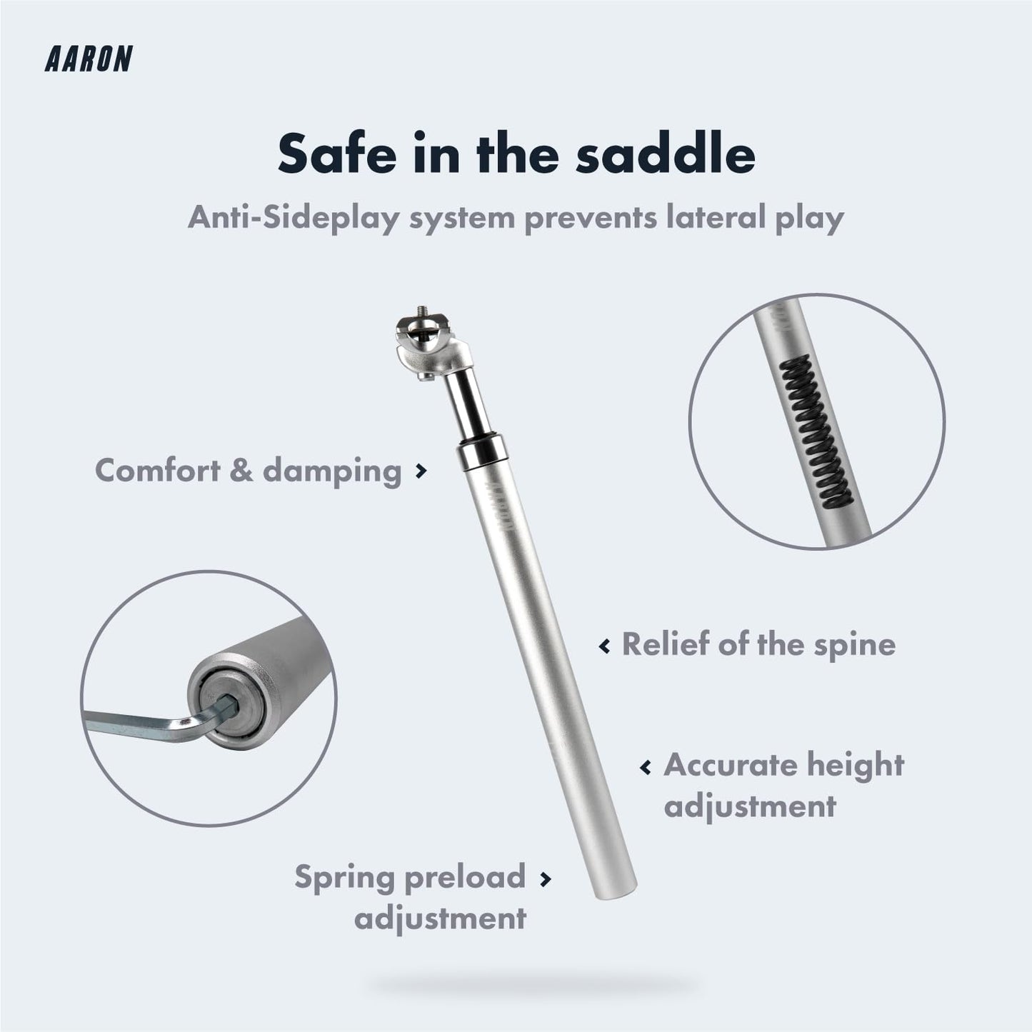 AARON - Spring suspension seatpost - Aluminum - For E-bikes, MTB, Trekking Bikes, City Bikes - 31,6 mm Diameter, 13.8" (350mm) Length - silver