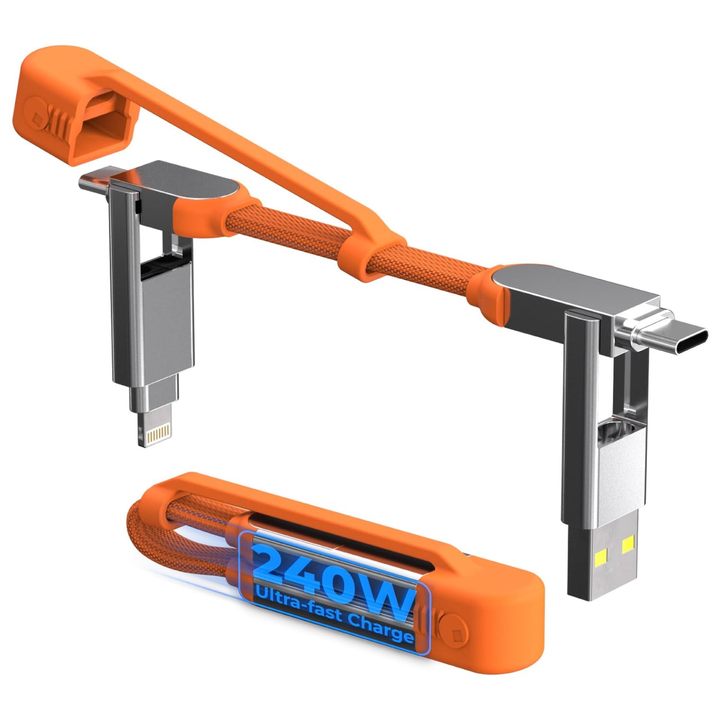 Rolling Square inCharge XS - 240W 4in1 Keyring Cable, Type C Charger Cable Fast Charging, Universal Lightning/USB Cable with Metal Housing for Data