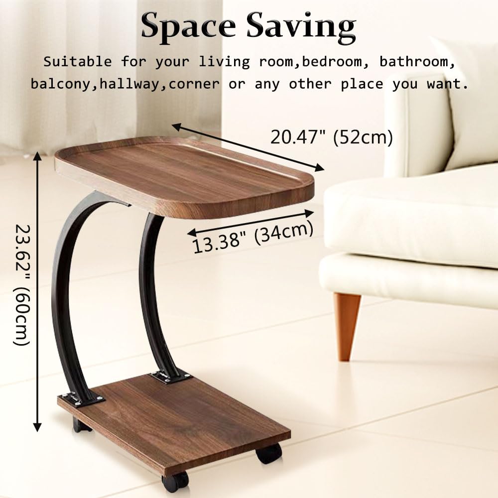 Kiss Me C-Shaped Side Table, Bedside End Table with 4 Wheels, Brown