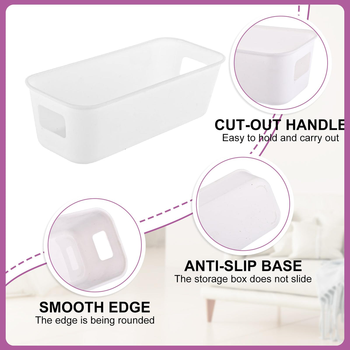 MUXHEL 18 Pack Small Storage Baskets 22x9x6.5cm White Plastic Storage Box with Built-in Handles Narrow Small Plastic Storage Baskets for Shelves