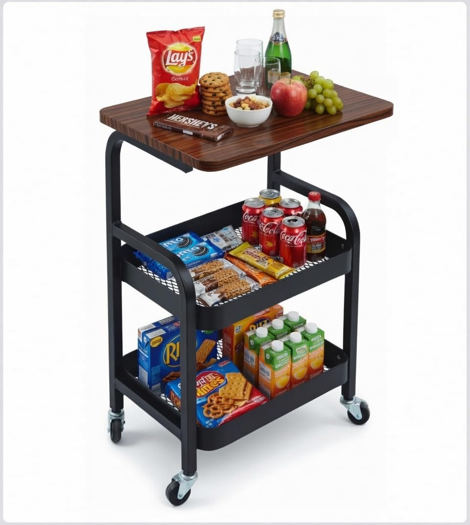 3 Tier Rolling Cart Metal Storage Trolly on Wheels, Coffee Cart Bedside Microwave Cart Trolley Organizer for Kitchen, Office, Living Room Bathroom