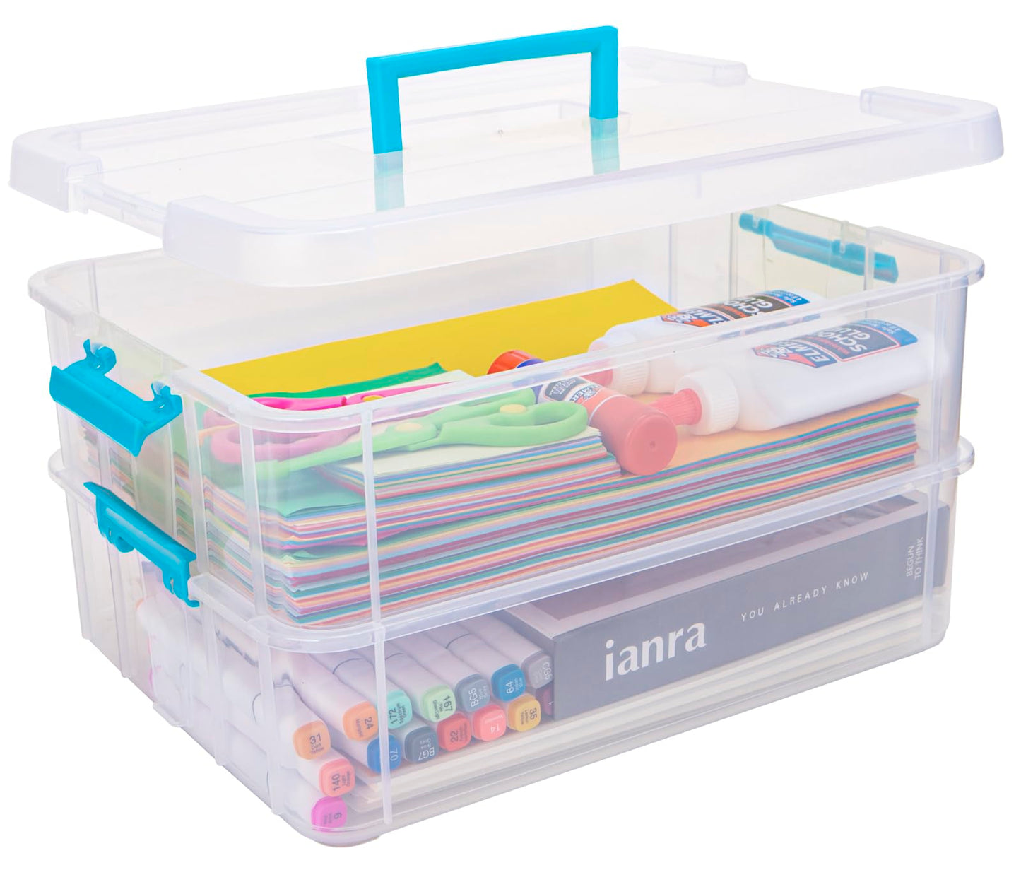 Creahaus 2 Layer Plastic Storage Containers with Lids, Multipurpose Clear Stack & Carry Box