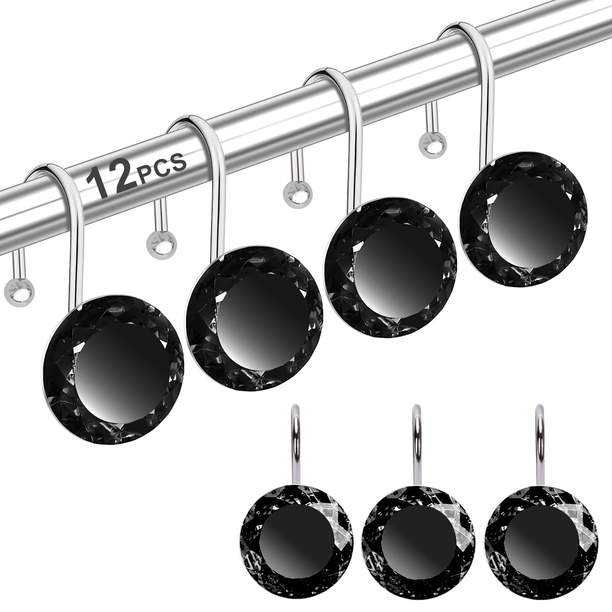 12PCS Shower Curtain Hooks Rings for Bathroom, Stainless Steel Rust Resistant Decorative Rhinestones Shower Curtain Rings Hangers for Shower Curtains,