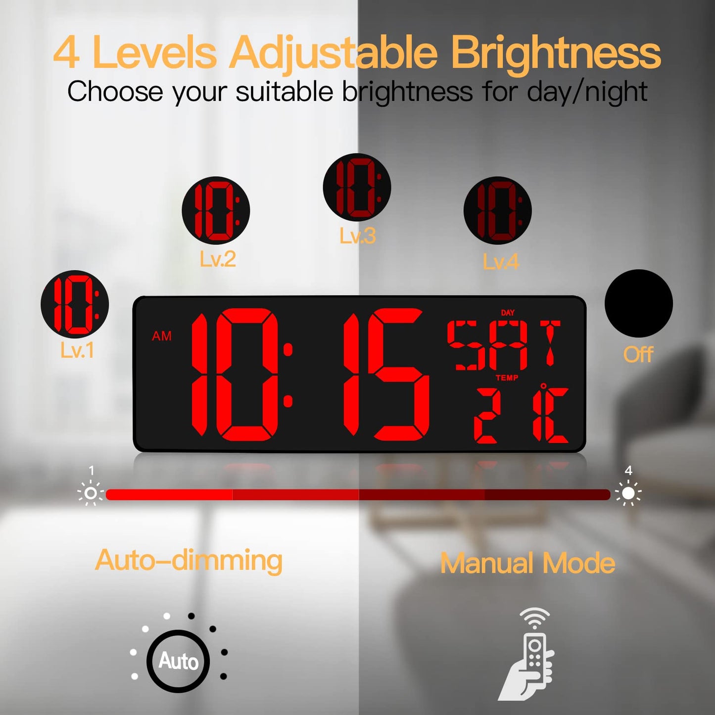XREXS Large Digital Wall Clock with Remote Control, 16.5 Inch LED Large Display Count Up & Down Timer, Adjustable Brightness Alarm Clock with