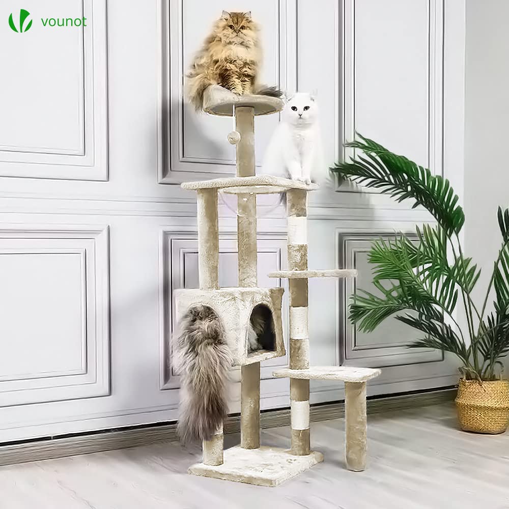 VOUNOT? Cat Tree Tower, Cat Condo with Space Capsule, Multi Level Cat Climbing Frame Indoors, Cat Activity Tree, Beige