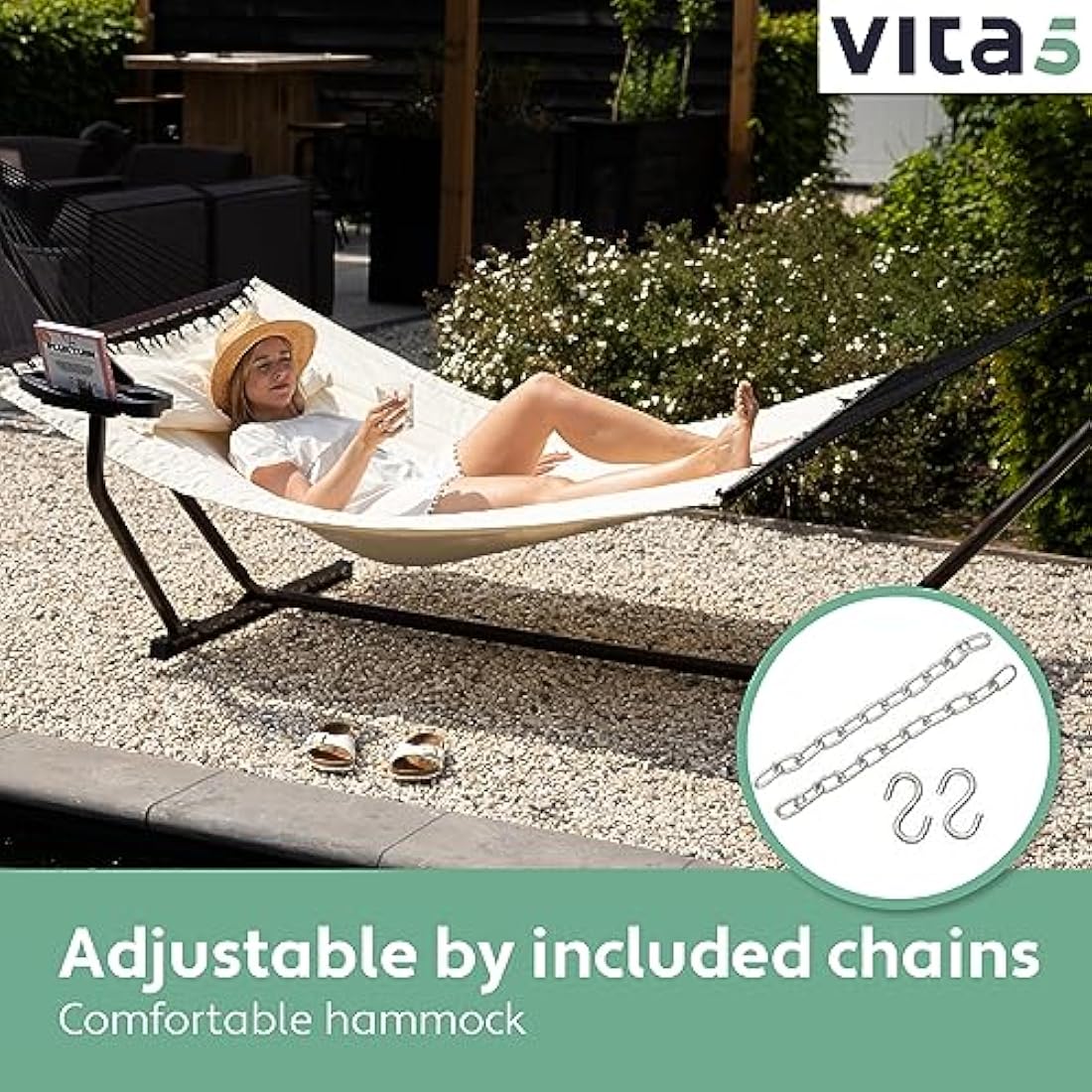 Vita5 Hammock Stand with Sidetable, Garden Hammocks 2 Persons, Side Table & Detachable Pillow, Heavy Duty 200kg Capacity, Indoor and Outdoor Hammock for Patio, Pool or Backyard (Beige)