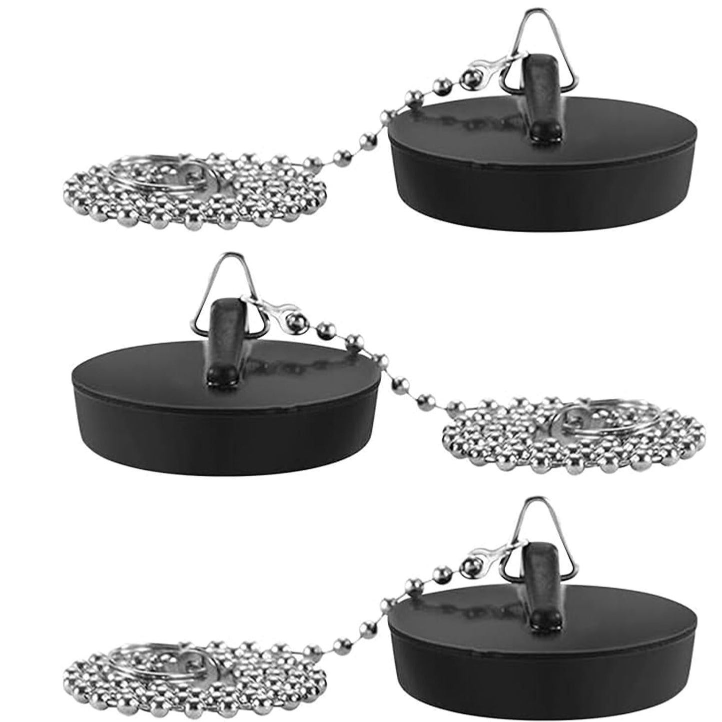 3 PCS Universal Bath Plug and Chain, 4cm/ 1.57in Bath Plug with 40cm/ 15.75in Chain, Black and Sturdy Rubber Sink Plugs