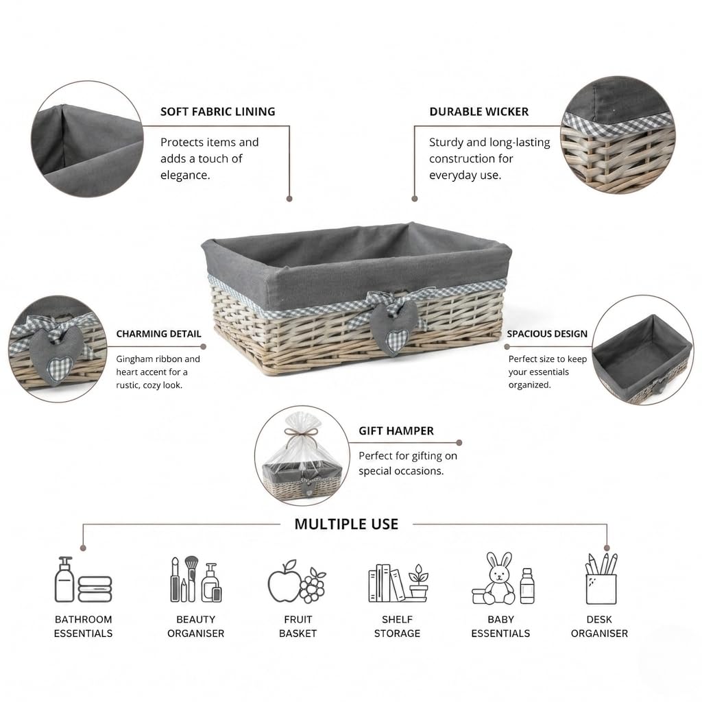 Woodluv Grey Wicker Rectangular Storage Gift Hamper Basket With Removable Lining - Medium