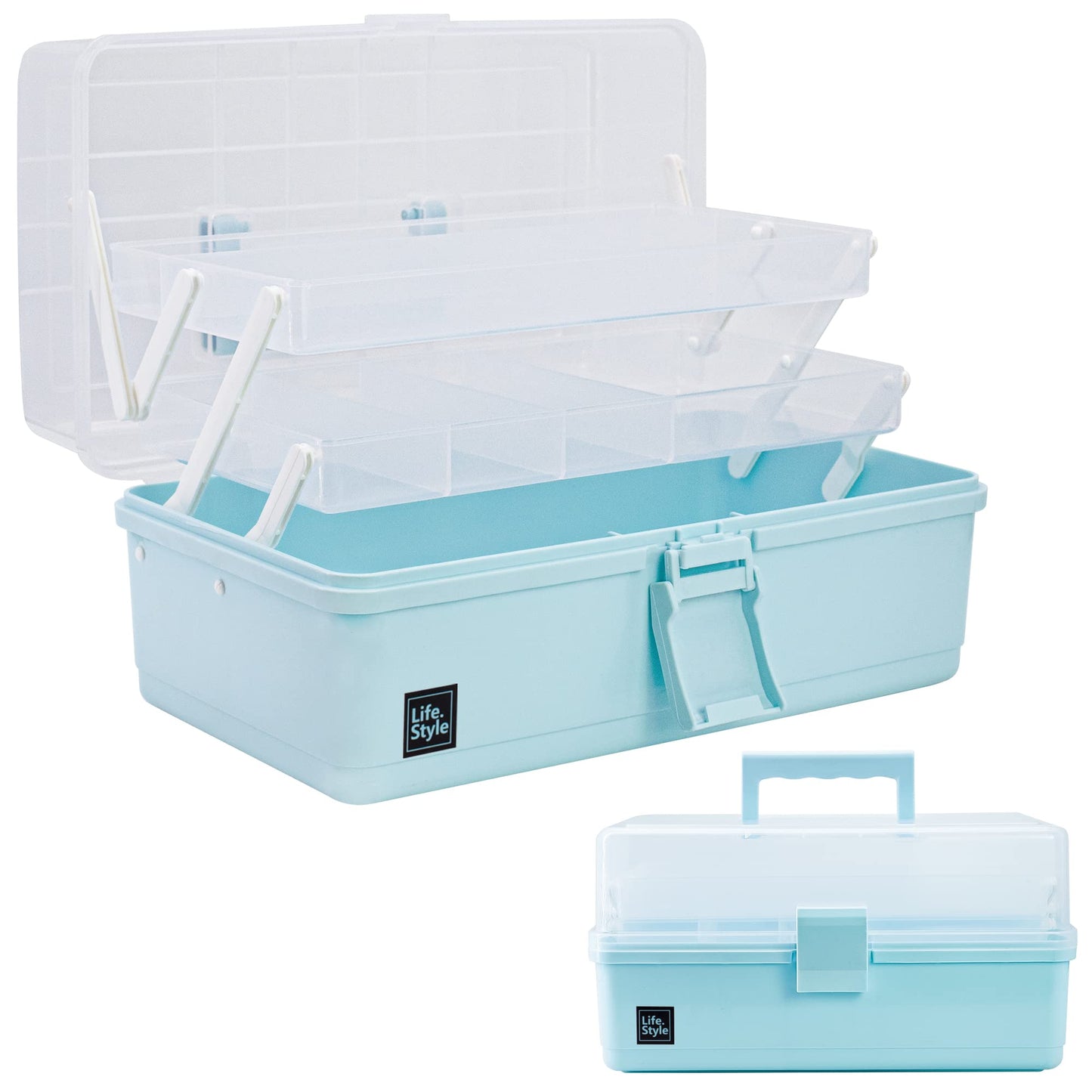 Creahaus 13" Multipurpose Storage Box with Compartments, Craft & Sewing Box with 2 Trays (Blue)
