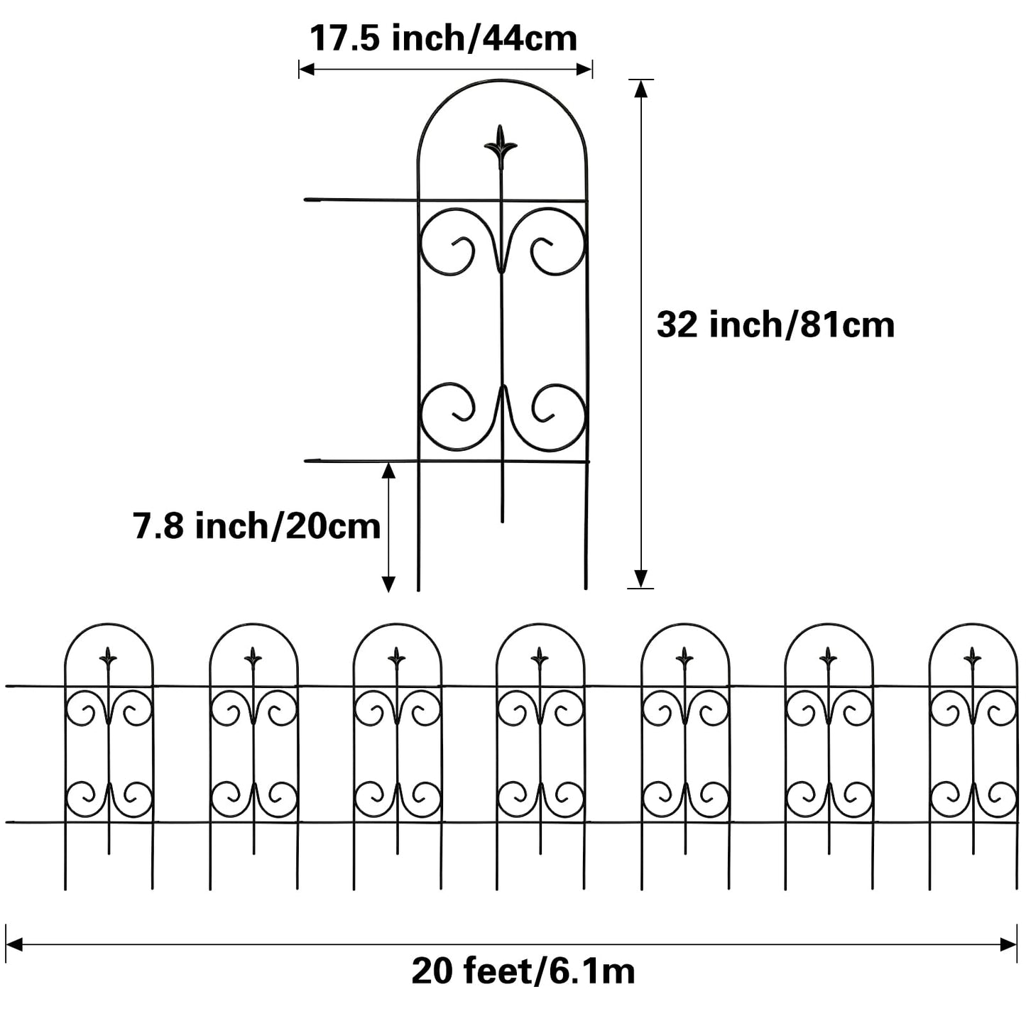 Thealyn Metal Decorative Garden Fence Border 82cm.H x 6.1m.W Rustproof Wrought Iron Fence Panels for Flower Bed, Trees, Animal Barrier