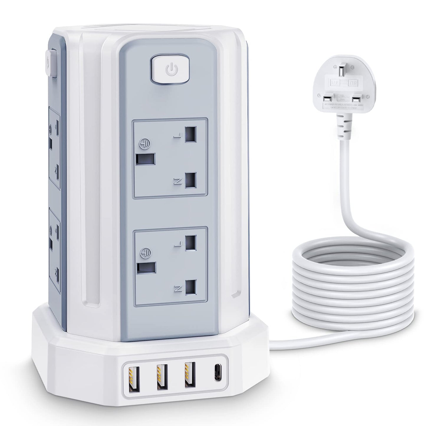 Tower Extension Lead with USB Solts,[13A 3250W] 8 Outlets and 4 USB Charging Ports Surge Protected Power Strip with 3M Long Extension Cord, Tower