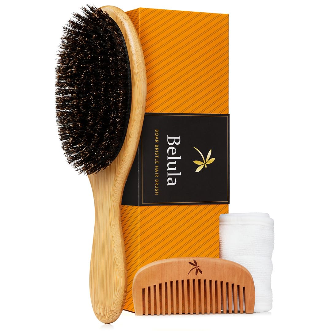 Belula 100% Boar Bristle Hair Brush Set (Medium). Soft Natural Bristles for Thin and Fine Hair. Restore Shine And Texture. Wooden Comb, Travel Bag and