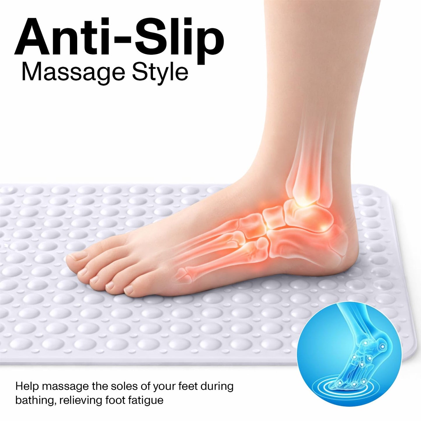 MOONLIGHT20015 Shower Bath Mat Non Slip Anti Mould & Mildew with Strong Suction Cups Grip and Drain Holes Soft Rubber Shower Mats