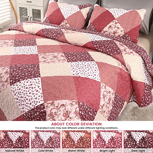 Qucover Quilted Bedspread Super King 250x270cm, Multicolour Print Bright Red Pink Beige Patchwork Quilt with 2 Pillow Shams, Lightweight Soft