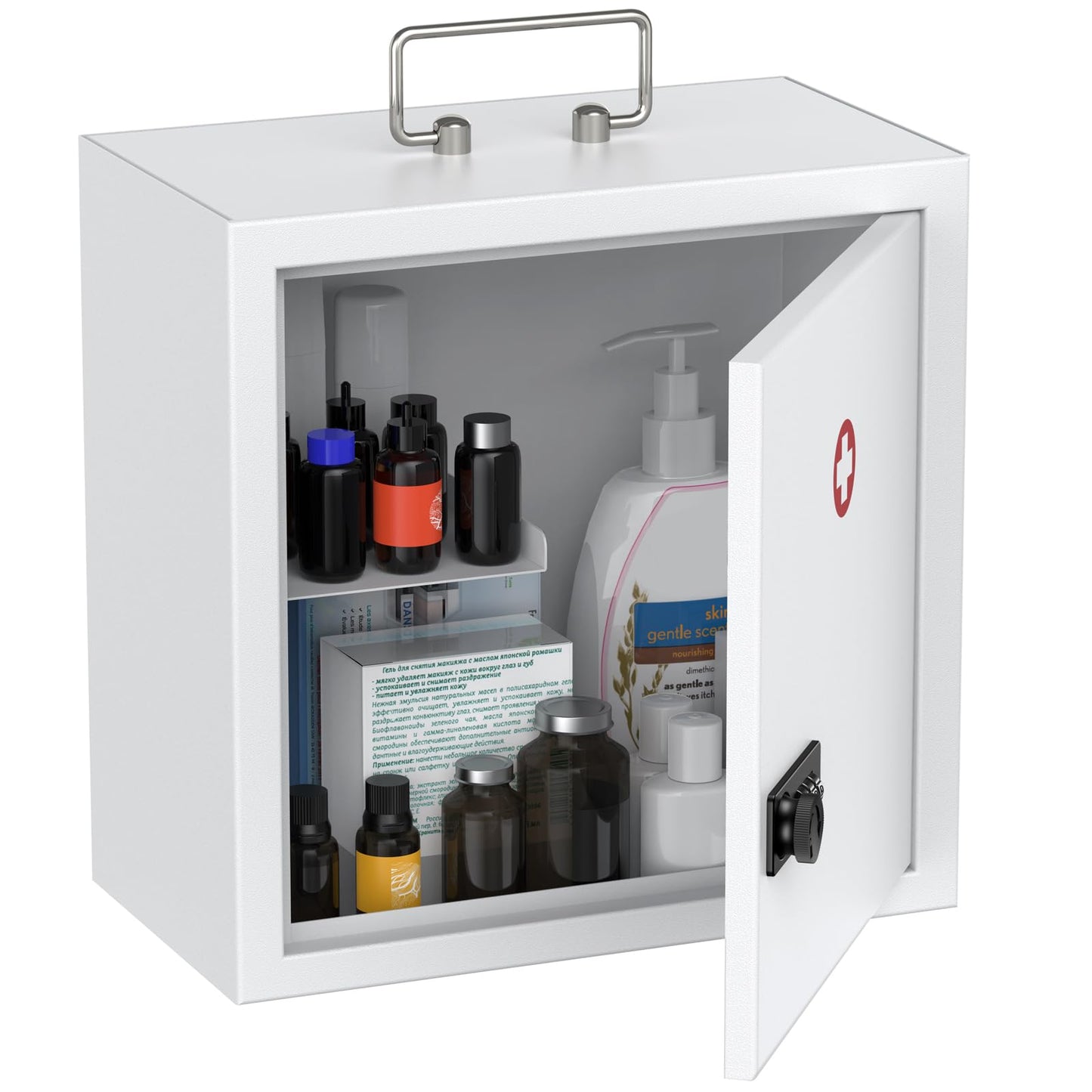 Uniclife Wall Mount Medicine Cabinet with Combination Lock & Handle Locking First Aid Lockable Medical Safe Storage Box Medium Medicine Organizer