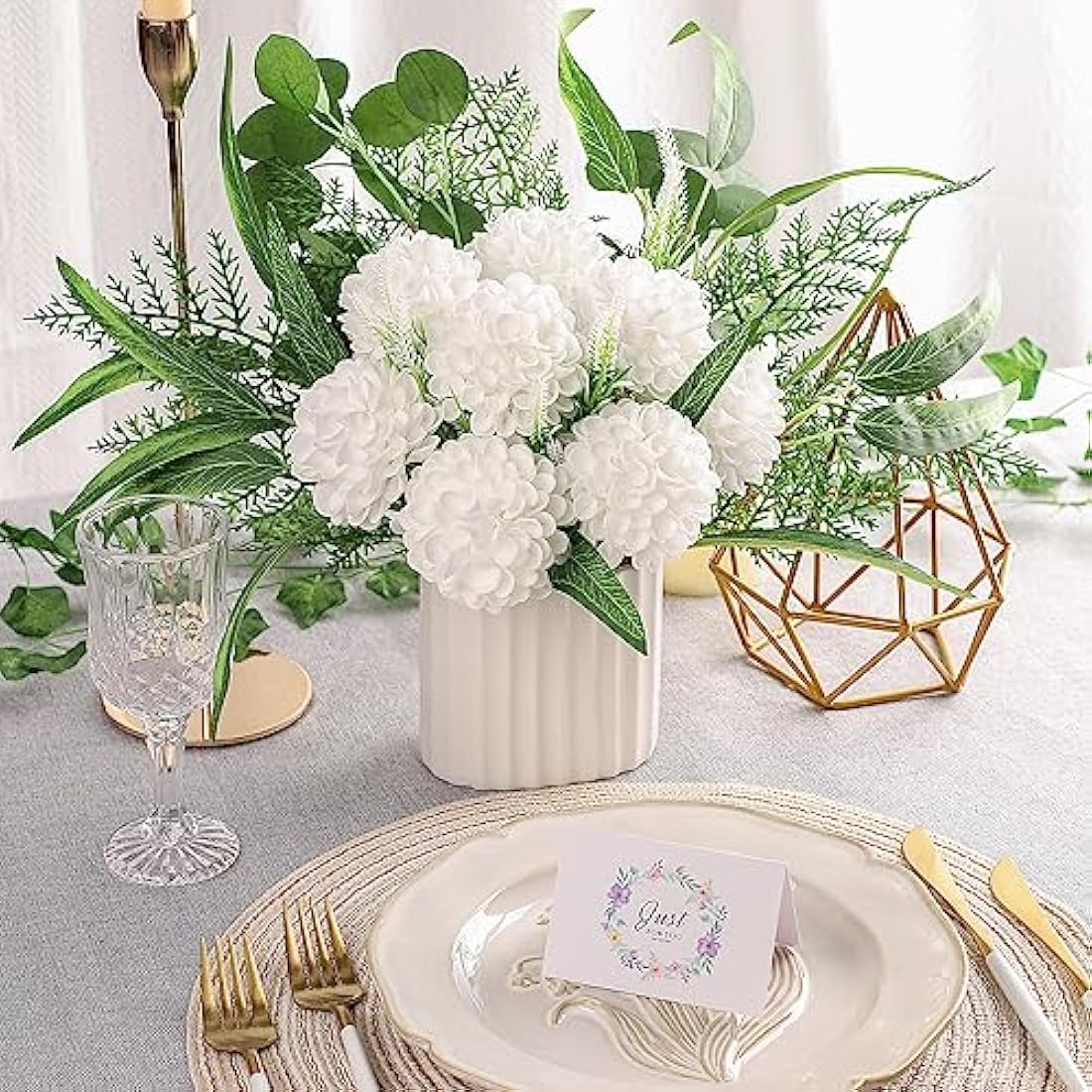 N&T NIETING Artificial Flowers 20pcs Fake Dahlia Flowers with Leaves and Stems, Foam Dahlia DIY Flower for Wedding Bouquets Floral Centerpieces Arrangements Shower Party Home Decor, White