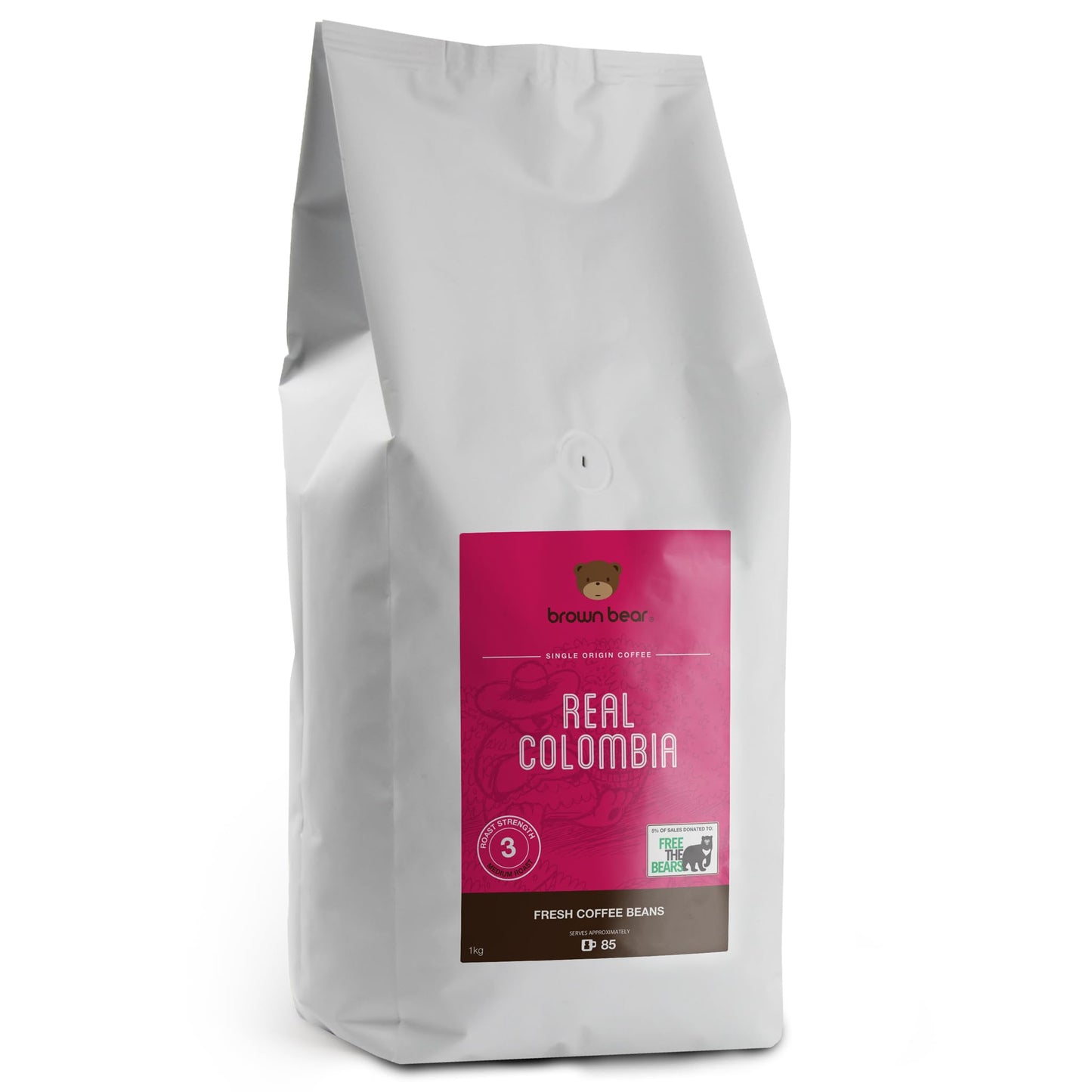 Colombian Coffee Beans 1kg - Medium Roast - Brown Bear Colombia Arabica Coffee - Suitable For All Machines - Strength 3 - Donation to Free The Bears -