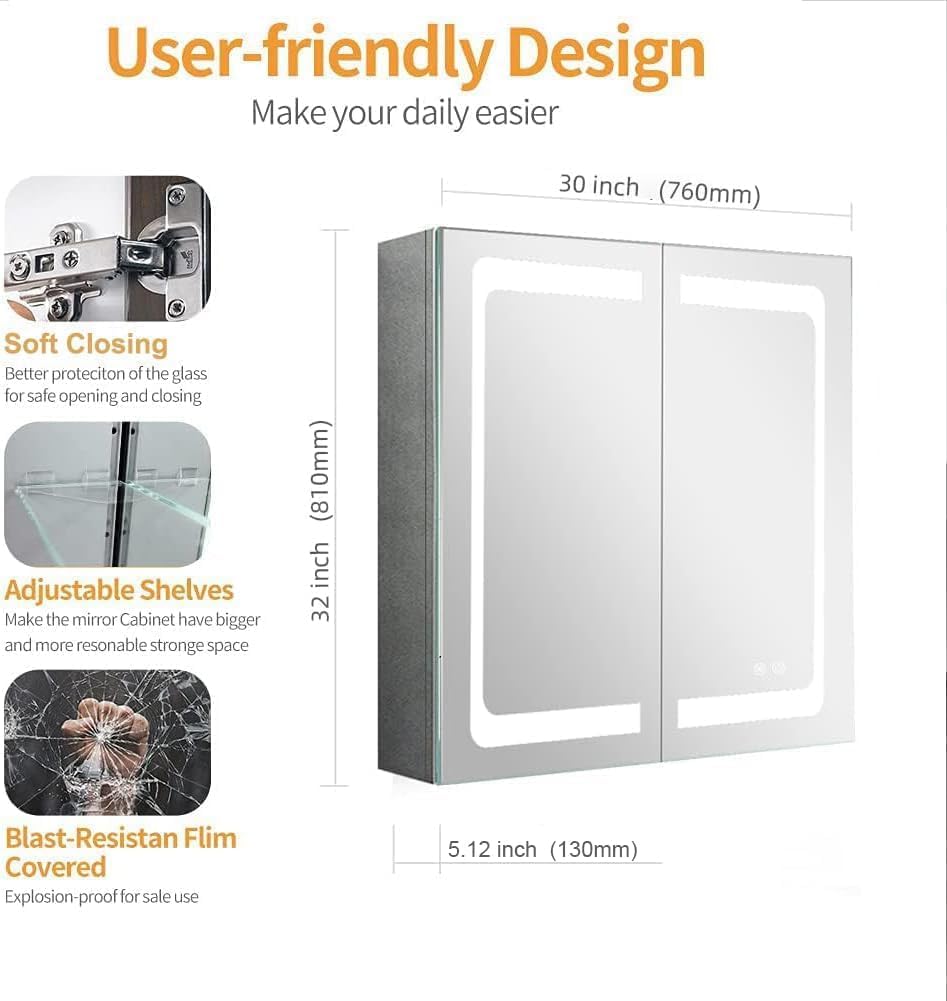 Janboe Stainless Steel LED Mirror Cabinet,Bathroom Mirror Cabinet with Light,3 Color,Dimmable,Equipped with Defogger,USB Shavor Socket,Internal