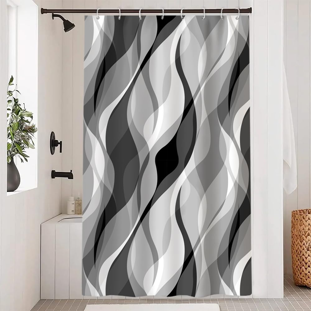 Uiiooazy Shower Curtain, Grey, Shower Curtain, 120 x 180 cm, Anti-Mould, Black Gradient, Stripes, Lines, Patterned Shower Curtains, Fabric, Washable,