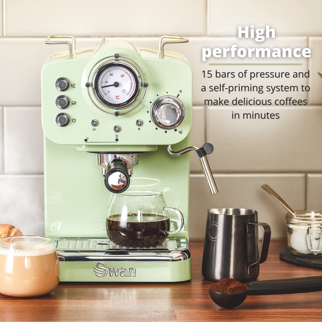 Swan SK22110GN Retro Espresso Coffee Machine with Milk Frother, Steam Pressure Control, 1.2L Detachable Water Tank, 1100W, Retro Green