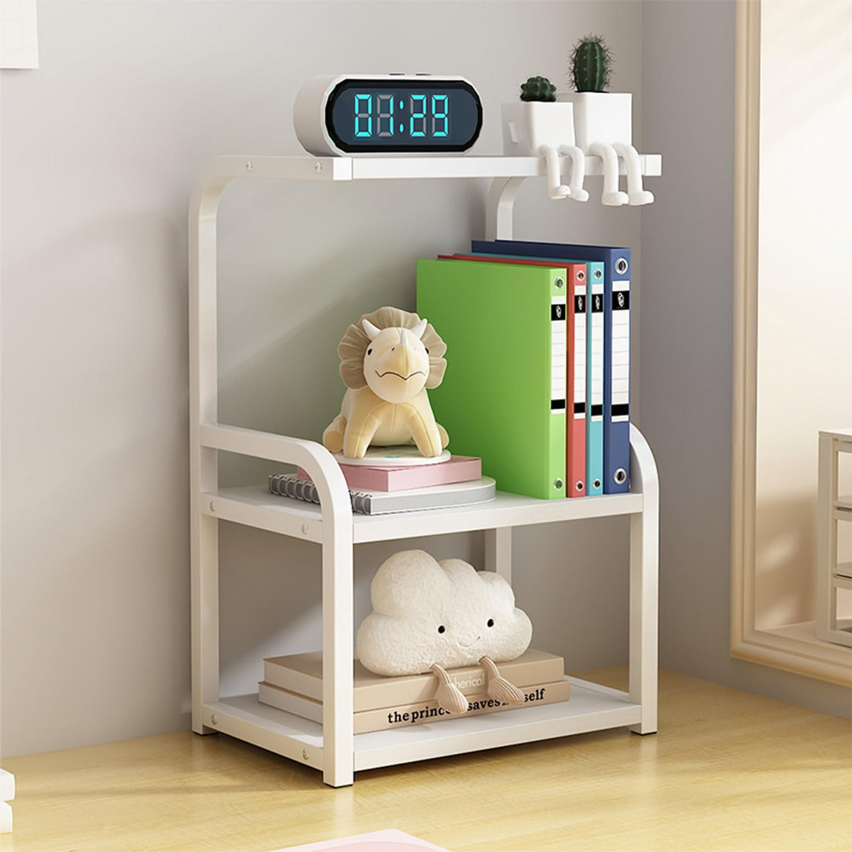 Numjeg Office Desk Vertical Storage Rack Organizer Metal Rack White Bookshelf Supplies Counter 3-Tier Racks Living Room Desktop Shelving