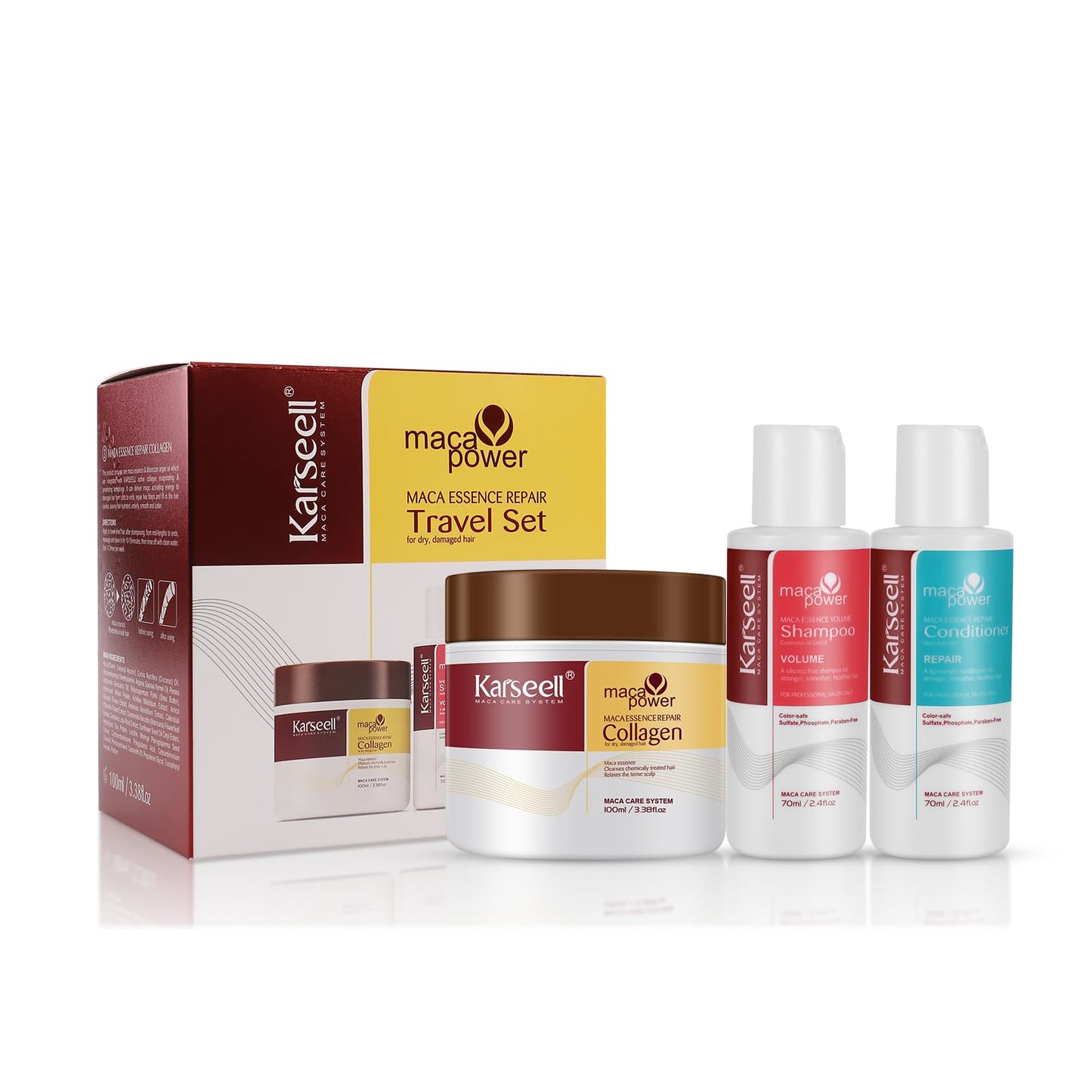 Karseell Collagen Hair Treatment Deep Repair Hair Care Set, Maca Essence Collagen Hair Mask Shampoo Conditioner Travel Set for Dry Damaged Hair All