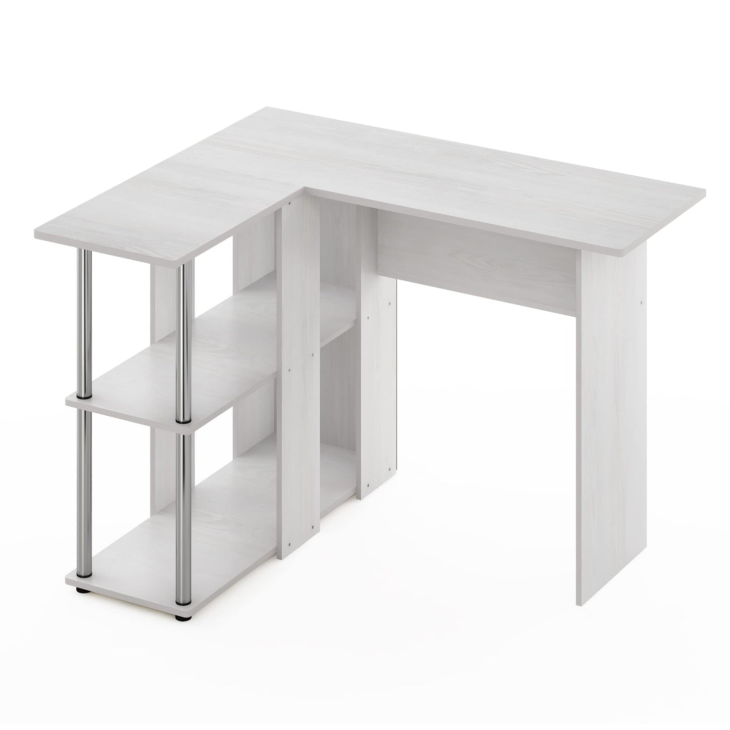 Furinno L-Shape Desk with Bookshelf, Engineered Wood, White Oak/Chrome, 104.5 (W) x 73.51 (H) x 87.5 (D) cm