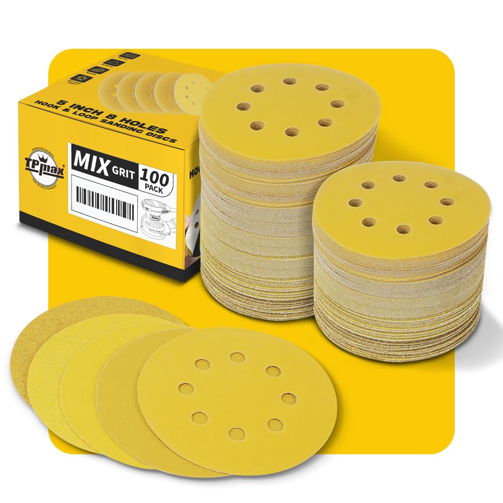 100PCS 125mm 8 Hole Sanding Discs Sandpaper Mixed Grits - Premium Gold Round Hook and Loop for Random Orbital Sander (60, 80, 120, 220, 320 Grit