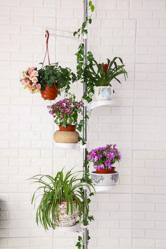 BAOYOUNI 5-Tier Indoor Plant Stand Flower Pot Display Holder Rack Tension Pole Stainless Steel Rod Decorative Storage Shelf, Ivory