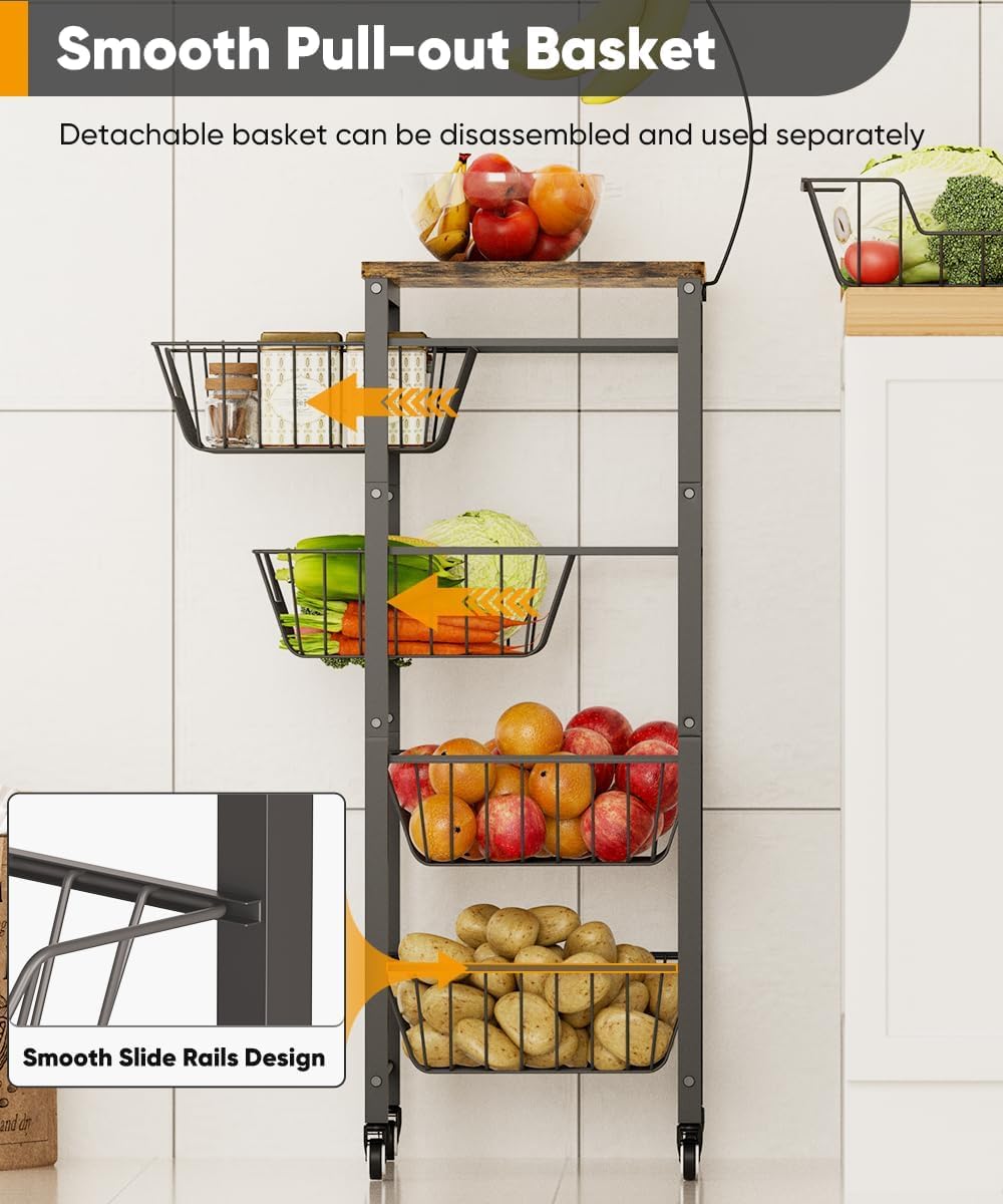 Garbuildman 5-Tier Kitchen Storage Cart with Pull-Out Wire Baskets - Fruit & Vegetable Organiser with Wooden Top & Banana Holder for Pantry