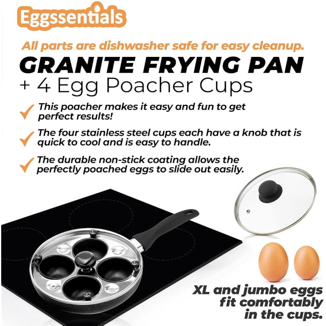 Eggssentials 2 IN 1 Egg Pan & Poacher, Granite Nonstick Fry Pan with Lid, Poached Egg Maker - 4 Cups