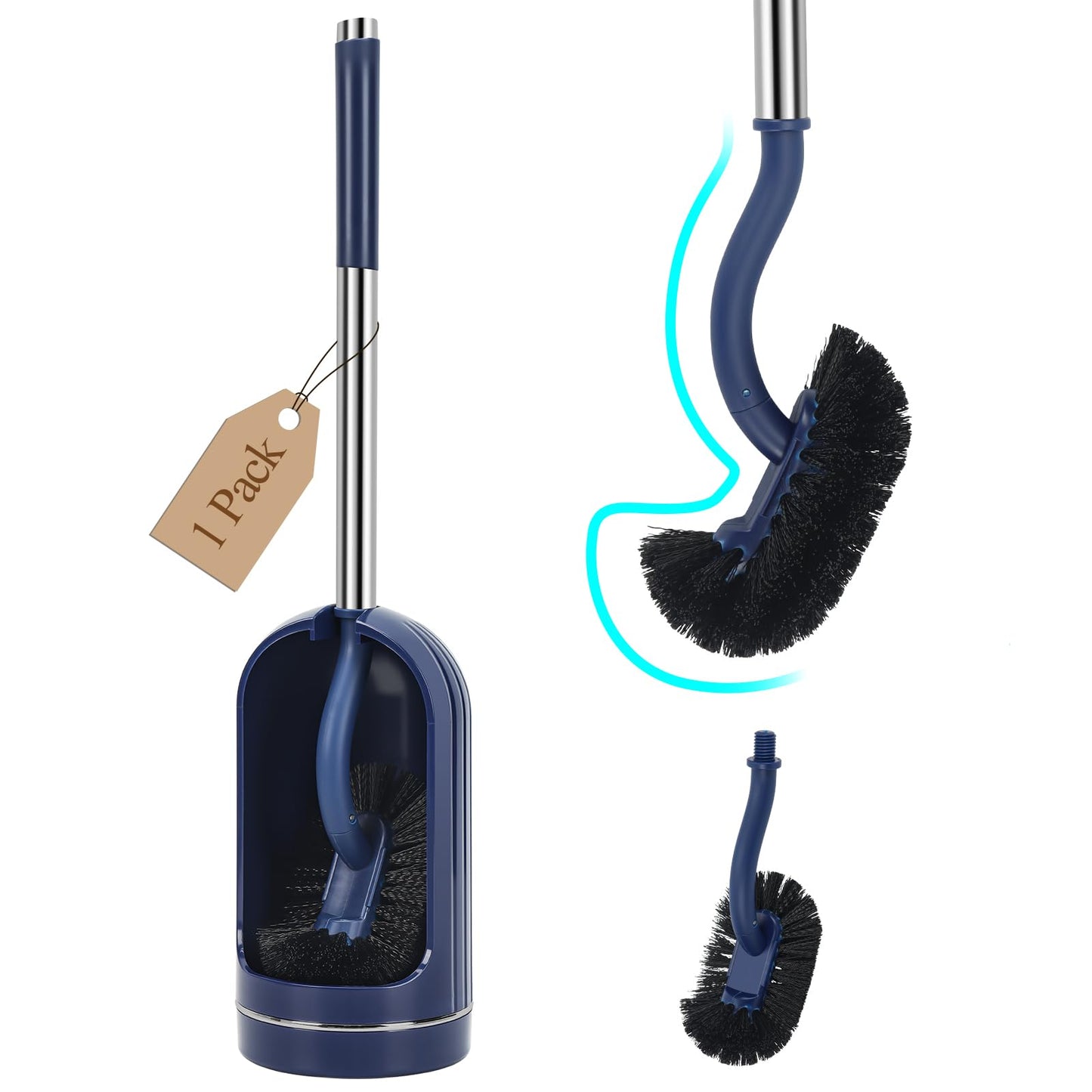 Toilet Brush, Toilet Brushes with Holders, Curved Toilet Brush with Edge Cleaner, Stainless Steel & Plastic Handle, Bathroom Cleaning Brush