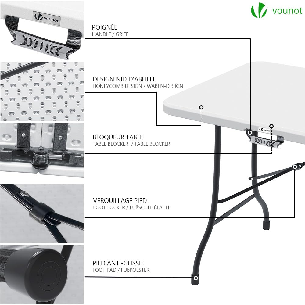 VOUNOT? Folding Picnic Table Portable Heavy duty Party Trestle Table 180 x 75 x 72cm for BBQ Camping Indoor Outdoor, White