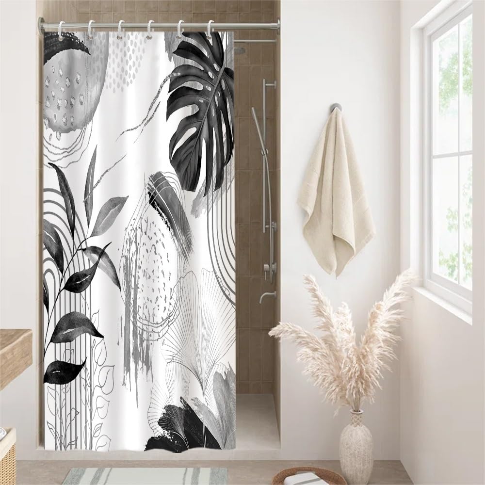 Uiiooazy Anti-Mould Shower Curtain, Narrow Shower Curtain 90 x 180 cm, Grey Tropical Palm Leaves Jungle Boheme Bath Curtains Washable Fabric