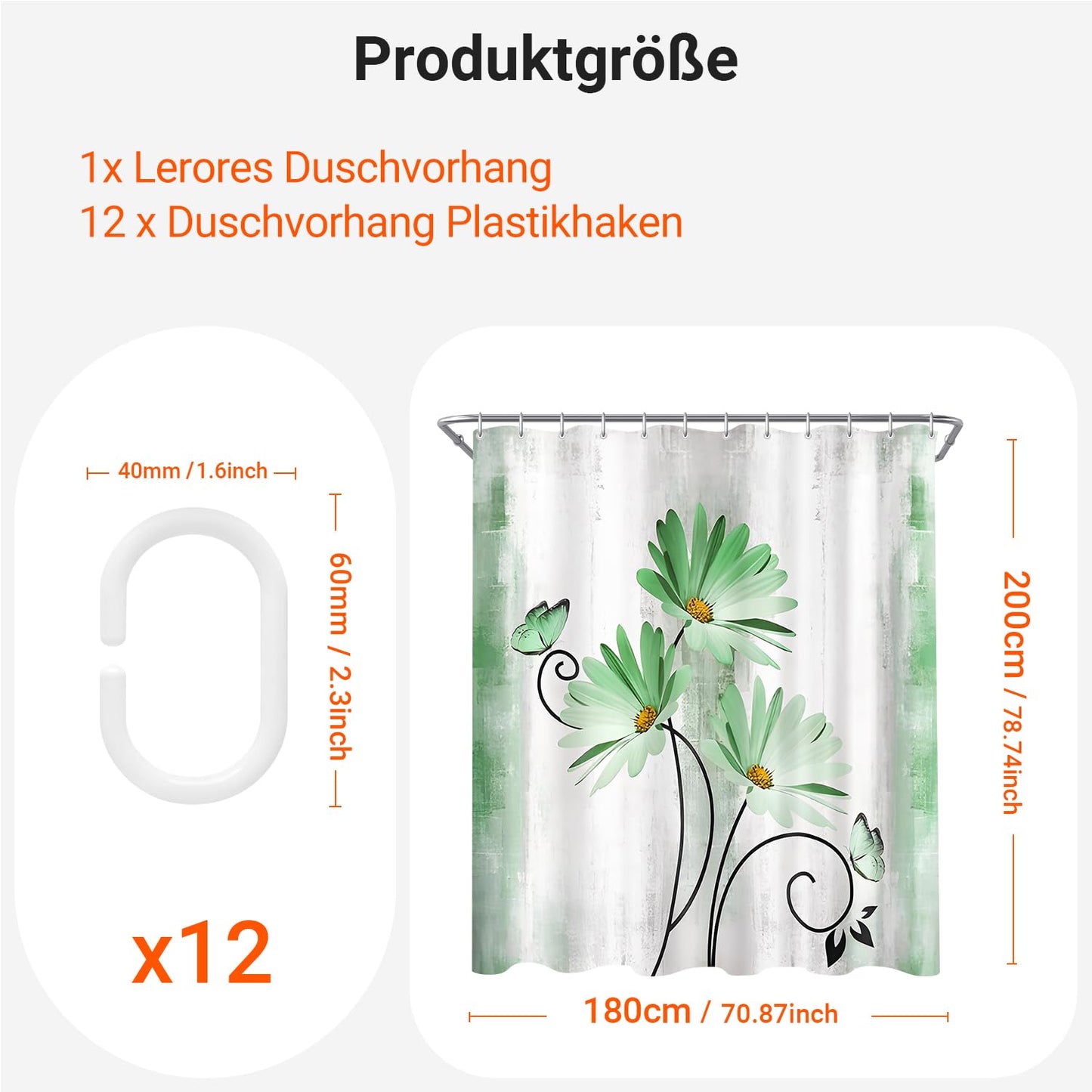 Shower Curtain, 180 x 200 cm, Green Daisies Butterflies Motif, Weighted Hem, Anti-Mould, Water-Repellent