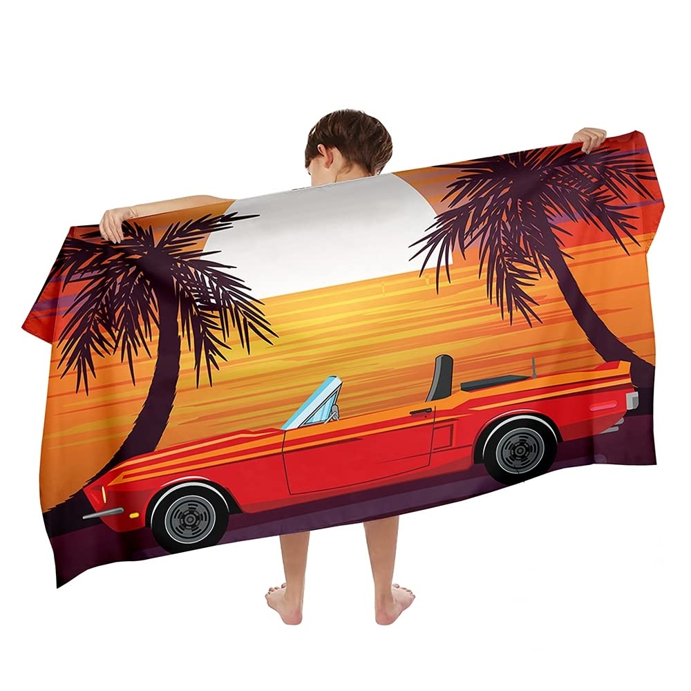 Ulticool Microfibre Children's Towel 140 x 70 cm - Car Sunset Dino - Lightweight Travel Towel Quick Drying Bath Towel Beach Towel Microfibre