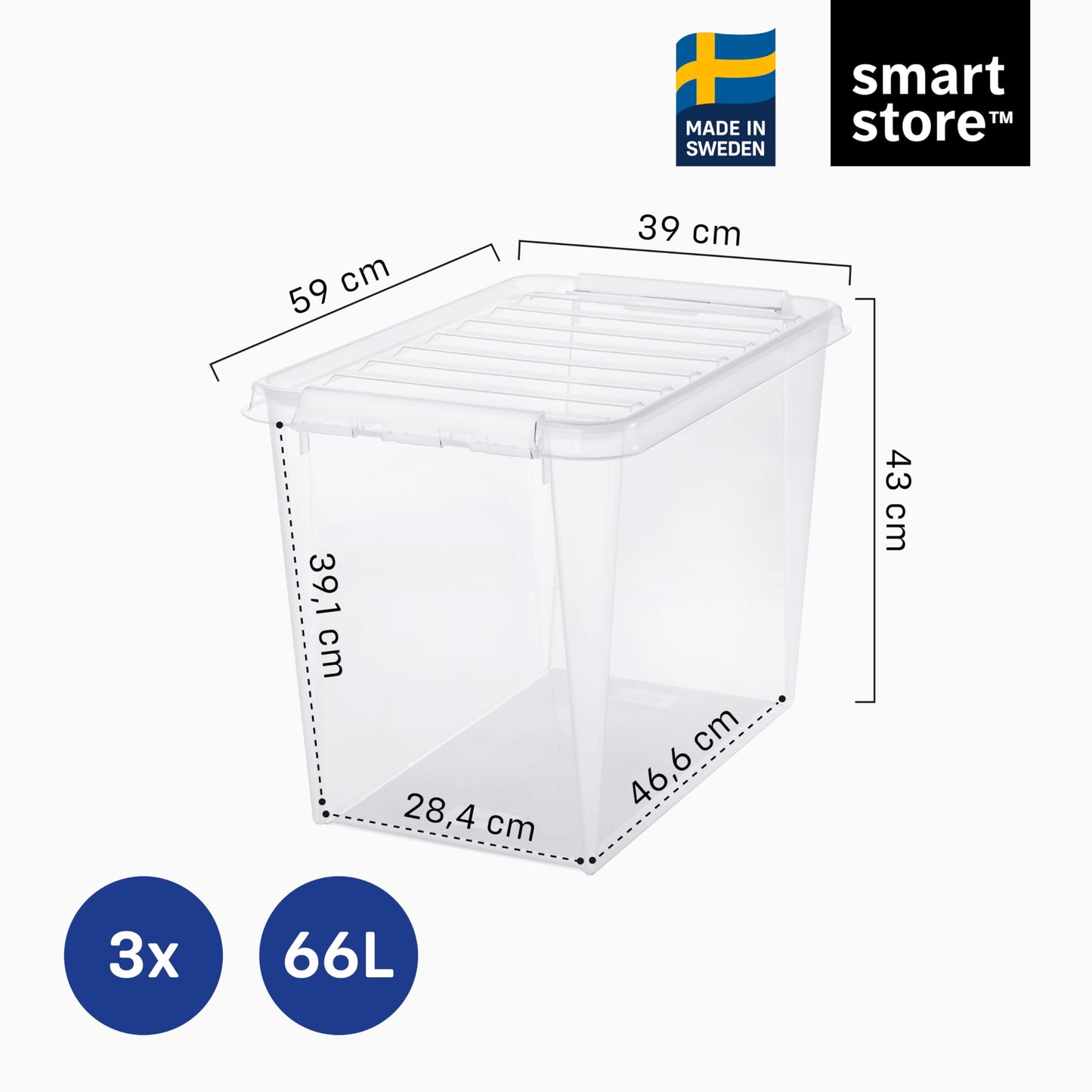 SmartStore - 3x Plastic Storage Box with Lid Classic 66L (59x39x43cm) |Plastic Storage Drawers with Lid|Food-Safe Material|Kitchen &
