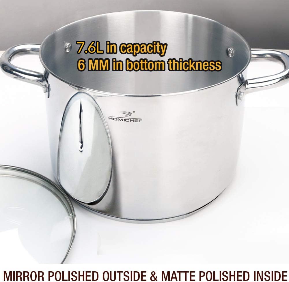 HOMICHEF Stock Pot 24.5 cm 7.6 Litre with Lid Nickel Free Stainless Steel - Mirror Polished Stockpot 7.6 Litre with Lid - Healthy COOKWARE Stockpots