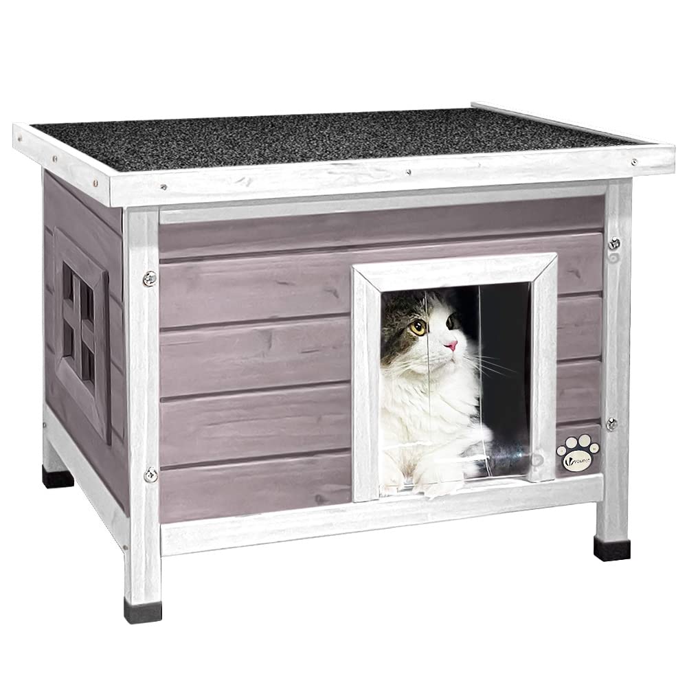 VOUNOT? Cat House Garden Wooden Kitten Home with Water-resistant Openable Roof, Privacy Window Outdoor Pet Shelter 57x45x43cm, Grey