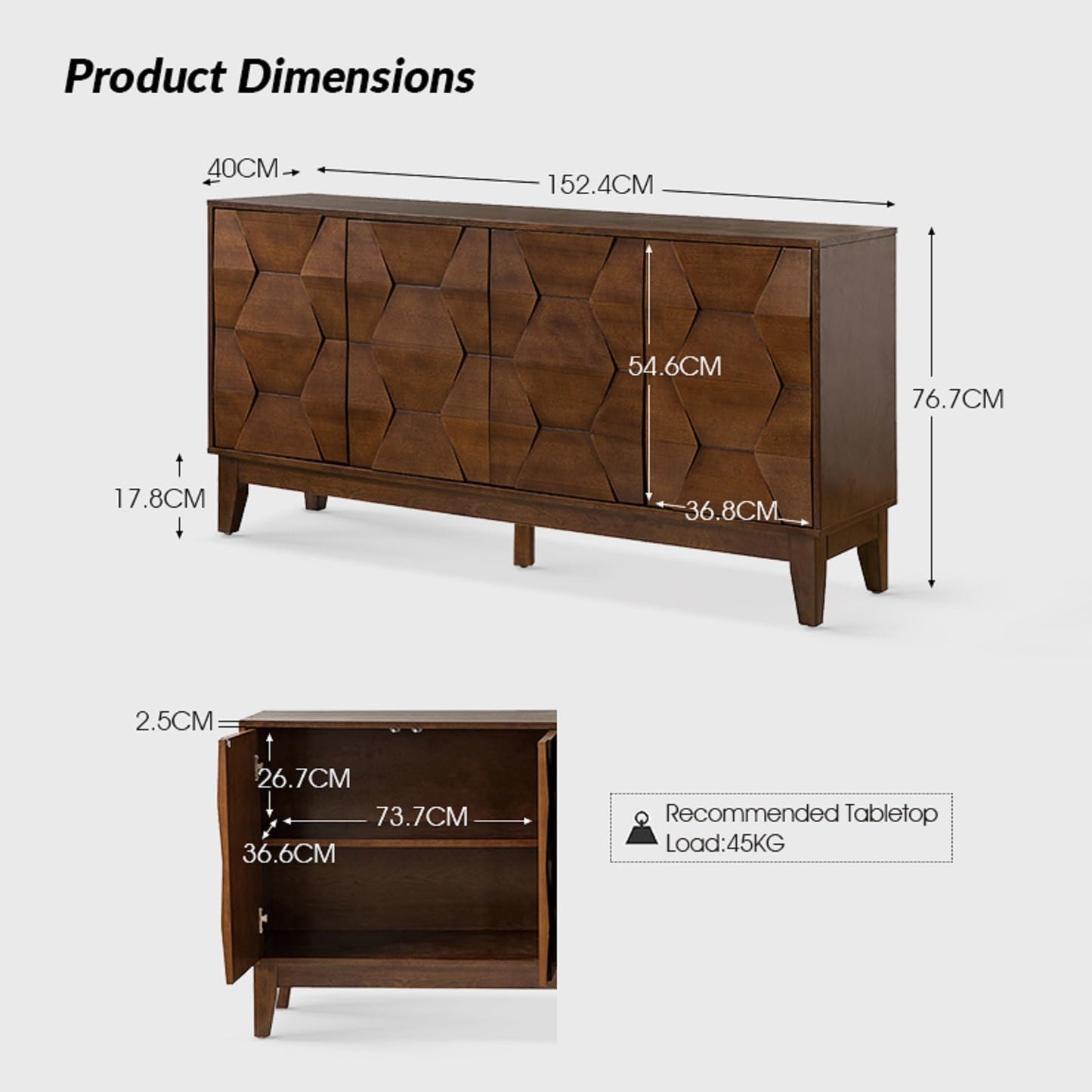 HULALA HOME 152 cm Wooden Sideboard Cabinet with Adjustable Shelves, Walnut